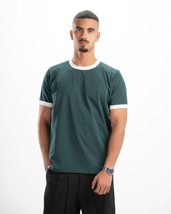 Dark Teal Ringer Tee — White